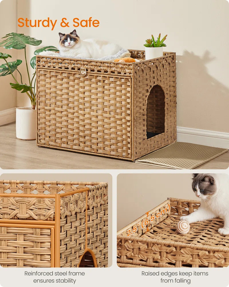 Wicker pet bed with cat on top, shown from multiple angles in a home setting.