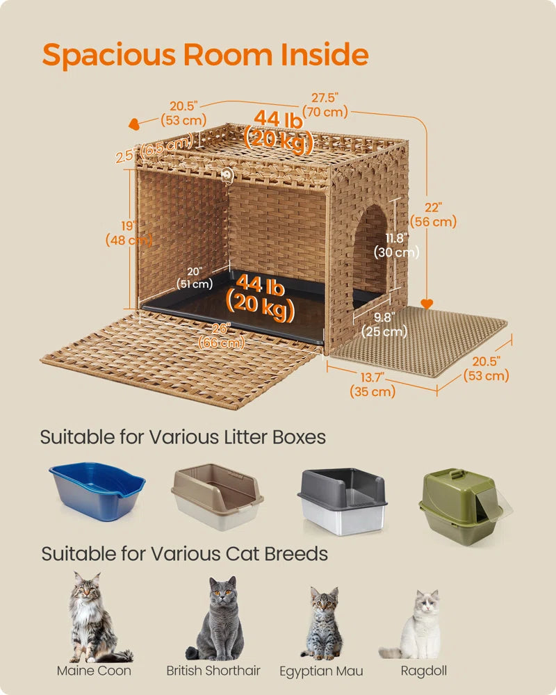 Measurement chart of a cat litter box with dimensions and suitability for various cat breeds.