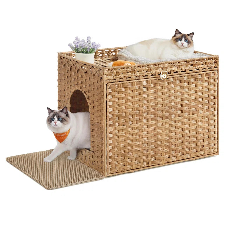 Woven cat house with two cats inside on a white background