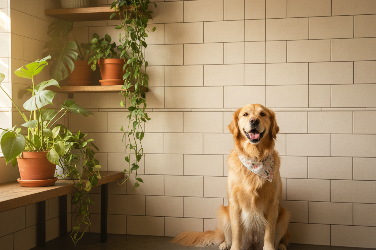 Cream tile wall with plants and happy dog